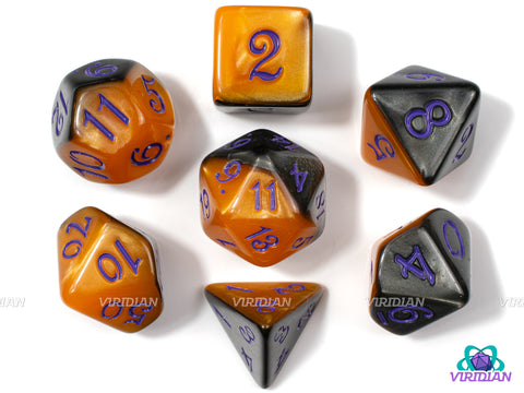 Hocus Pocus | Half Orange, Half Black, Script Font | Acrylic Dice Set (7)