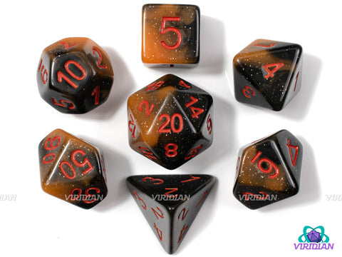 Pumpkin Patch | Spooky Jack-o-lantern Pumpkin, Black and Orange Swirls, Gold Glitter | Acrylic Dice Set (7)