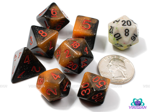 Pumpkin Patch | Spooky Jack-o-lantern Pumpkin, Black and Orange Swirls, Gold Glitter | Acrylic Dice Set (7)