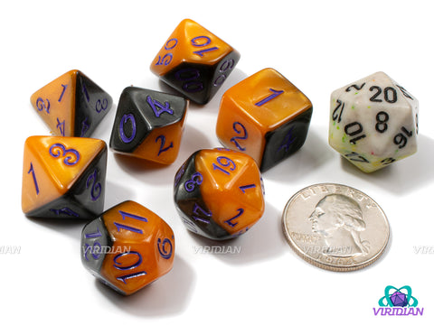 Hocus Pocus | Half Orange, Half Black, Script Font | Acrylic Dice Set (7)