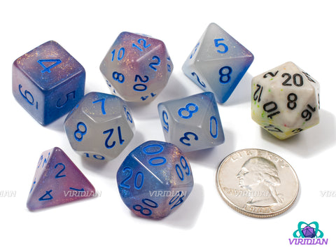 Ice Canyon | Glittery Purple, Blue, and Clear/White, Blue Ink | Acrylic Dice Set (7)