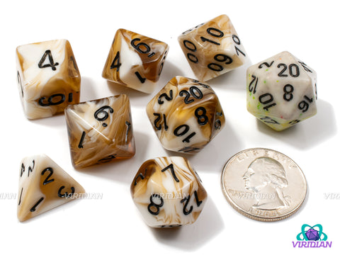 Macchiato | Swirled Cream/Tan, White and Brown | Acrylic Dice Set (7)