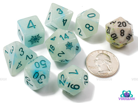 Ice Queen | Frosty Light Blue-Teal and White Swirls, Snowflake Design | Resin Dice Set (7)