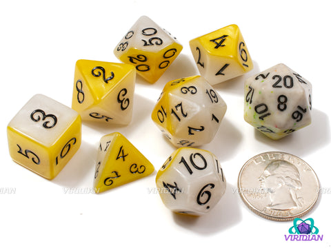 Scrambled Eggs | Half Yellow, Half White, Black Script Font | Acrylic Dice Set (7)