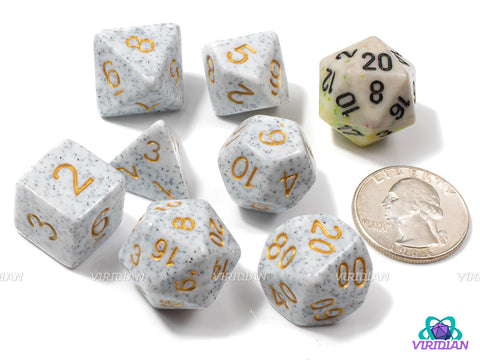 White Granite | Stone-Like White with Gray-Black Speckle, Gold-Yellow Ink | Acrylic Dice Set (7)