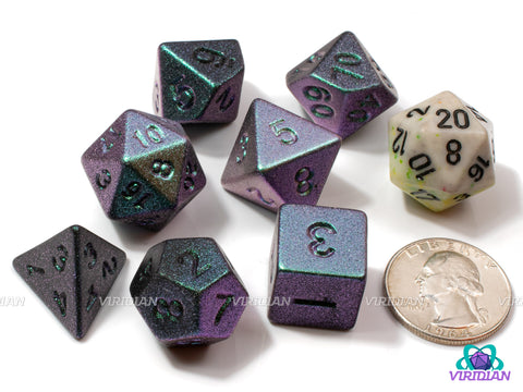 Green-Purple Electroplate (Color Shift) | Shiny Lightweight Dark Green and Purple Color Shift Metallic-Look, Frosted/Matte | Acrylic Dice Set (7)