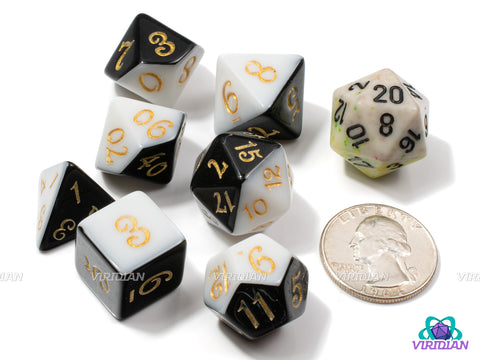 Choco Vanilla | Half Black, Half White, Script Font | Acrylic Dice Set (7)