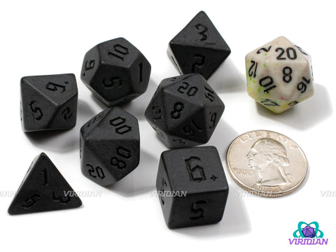 Gothic Abyss | Opaque Matte Dark Gray-Black, Uninked with Stylized Gothic Font | Acrylic Dice Set (7)