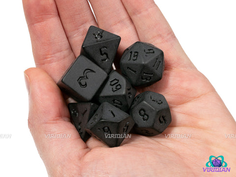 Gothic Abyss | Opaque Matte Dark Gray-Black, Uninked with Stylized Gothic Font | Acrylic Dice Set (7)