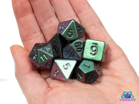 Green-Purple Electroplate (Color Shift) | Shiny Lightweight Dark Green and Purple Color Shift Metallic-Look, Frosted/Matte | Acrylic Dice Set (7)