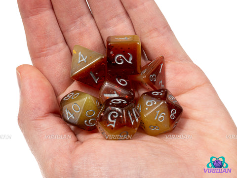 Golden Pomegranate | Golden Yellow and Brown Swirls | Resin Dice Set (7)