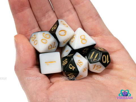 Choco Vanilla | Half Black, Half White, Script Font | Acrylic Dice Set (7)