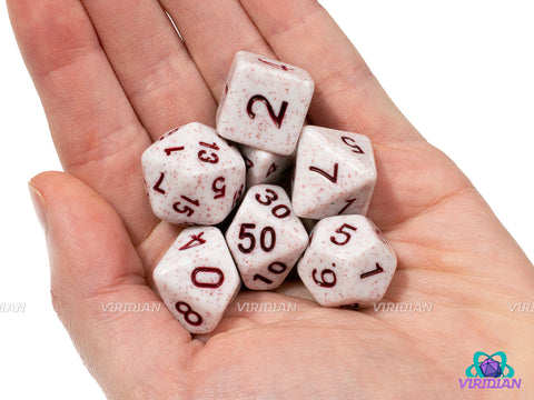 Red Granite | White with Maroon Ink, Light Red-Pink Speckle | Acrylic Dice Set (7)