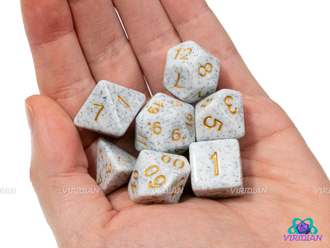 White Granite | Stone-Like White with Gray-Black Speckle, Gold-Yellow Ink | Acrylic Dice Set (7)