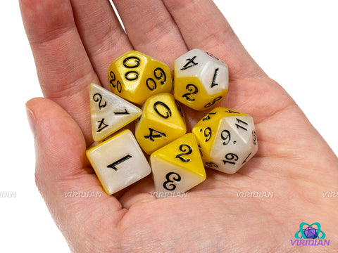 Scrambled Eggs | Half Yellow, Half White, Black Script Font | Acrylic Dice Set (7)