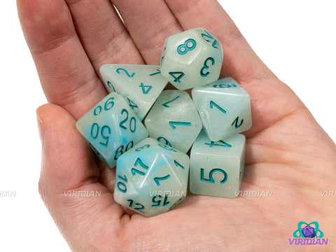 Ice Queen | Frosty Light Blue-Teal and White Swirls, Snowflake Design | Resin Dice Set (7)