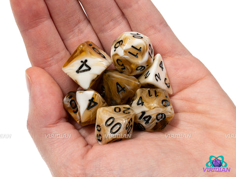 Macchiato | Swirled Cream/Tan, White and Brown | Acrylic Dice Set (7)