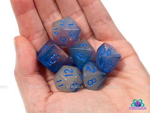 Ice Canyon | Glittery Purple, Blue, and Clear/White, Blue Ink | Acrylic Dice Set (7)