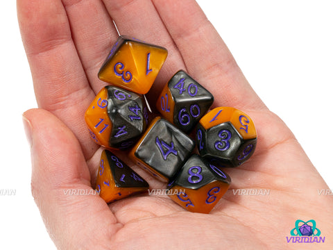 Hocus Pocus | Half Orange, Half Black, Script Font | Acrylic Dice Set (7)