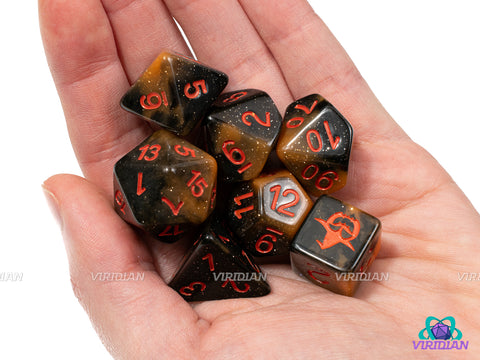 Pumpkin Patch | Spooky Jack-o-lantern Pumpkin, Black and Orange Swirls, Gold Glitter | Acrylic Dice Set (7)