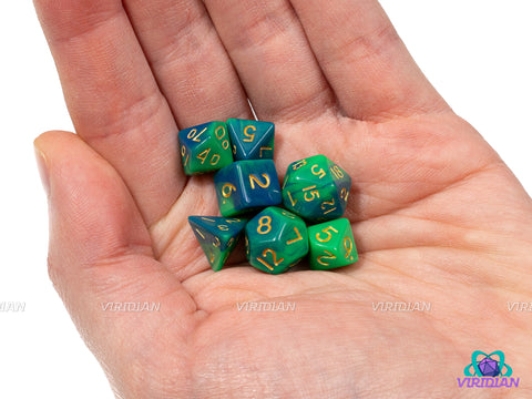 Lil' Green & Blue (Mini) | Tiny, Green and Blue Swirls | Acrylic Dice Set (7)