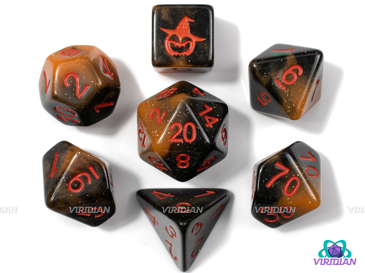 Pumpkin Patch | Spooky Jack-o-lantern Pumpkin, Black and Orange Swirls, Gold Glitter | Acrylic Dice Set (7)