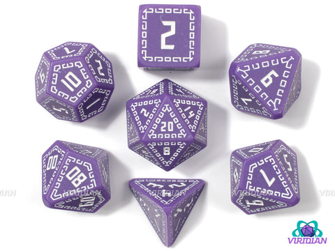 Lavender Runes | Matte Purple, White, Ornate Runic Design | Resin Dice Set (7)