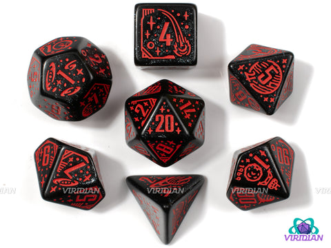 Space: Voyager | Glittery Black with Red Space, Planets and NASA Designs | Acrylic Dice Set (7)