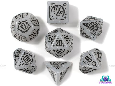 Space: Apollo | Glittery White-Gray with Space, Planets and NASA Designs | Acrylic Dice Set (7)