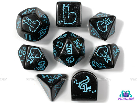 Q-Workshop 20th Anniversary: Llama | Glittery Back & Turquoise-Blue | Acrylic Dice Set (7)