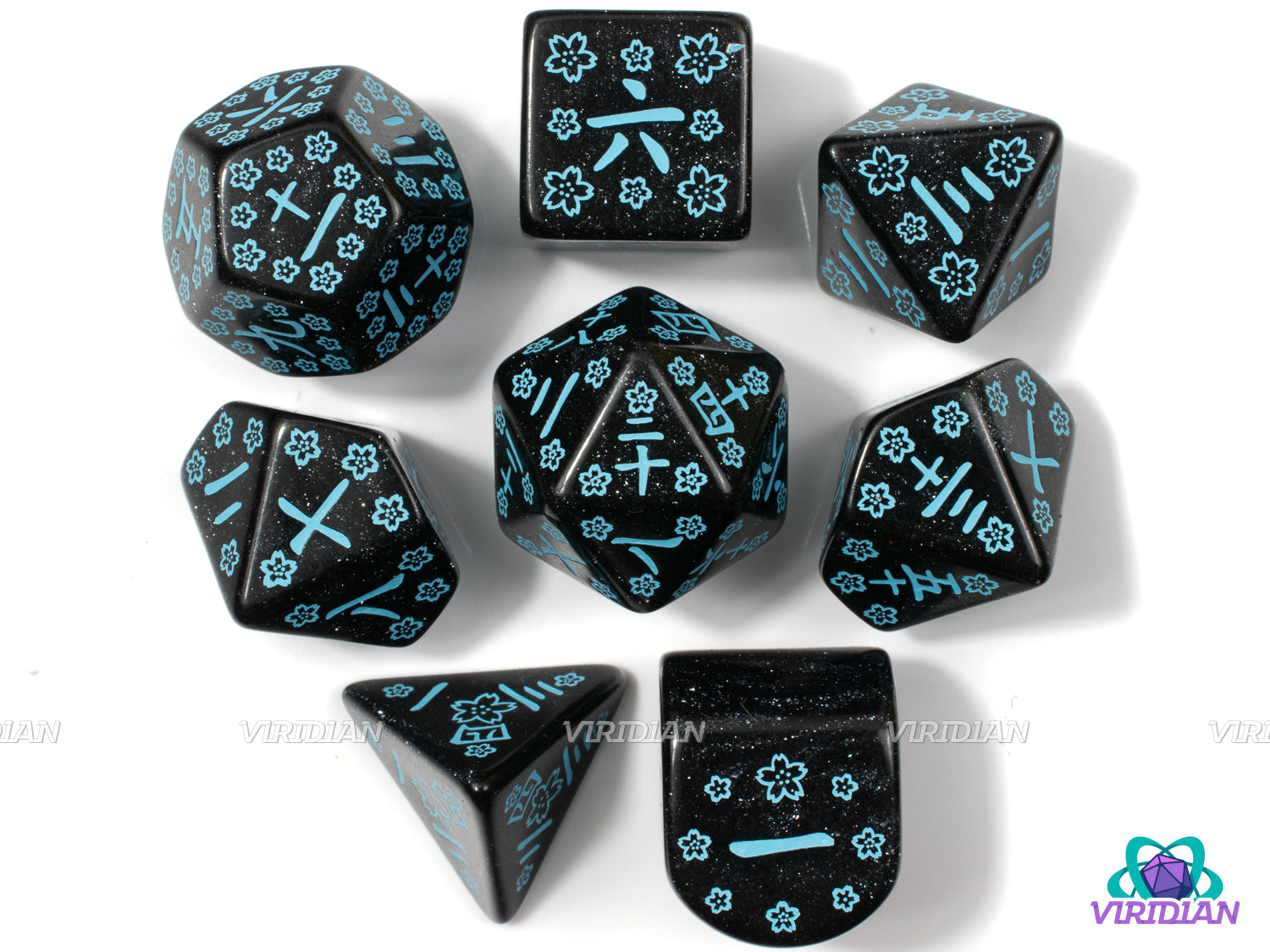 Q-Workshop 20th Anniversary: Japanese | Glittery Black & Turquoise-Blue | Acrylic Dice Set (7)