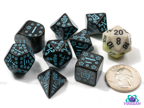 Q-Workshop 20th Anniversary: Japanese | Glittery Black & Turquoise-Blue | Acrylic Dice Set (7)