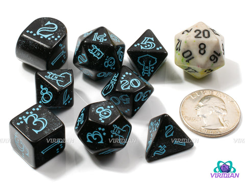 Q-Workshop 20th Anniversary: Llama | Glittery Back & Turquoise-Blue | Acrylic Dice Set (7)