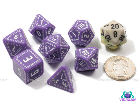 Lavender Runes | Matte Purple, White, Ornate Runic Design | Resin Dice Set (7)