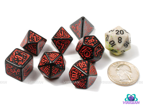 Space: Voyager | Glittery Black with Red Space, Planets and NASA Designs | Acrylic Dice Set (7)