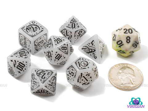 Space: Apollo | Glittery White-Gray with Space, Planets and NASA Designs | Acrylic Dice Set (7)