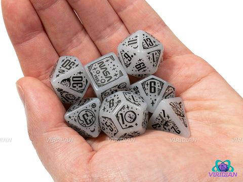 Space: Apollo | Glittery White-Gray with Space, Planets and NASA Designs | Acrylic Dice Set (7)