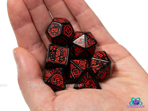 Space: Voyager | Glittery Black with Red Space, Planets and NASA Designs | Acrylic Dice Set (7)