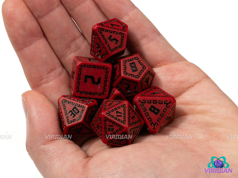 Red Runes | Matte Dark Red, Black, Ornate Runic Design | Resin Dice Set (7)