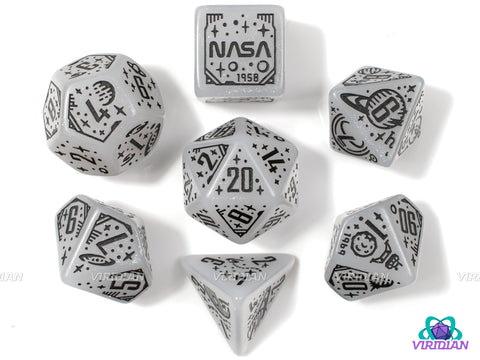 Space: Apollo | Glittery White-Gray with Space, Planets and NASA Designs | Acrylic Dice Set (7)