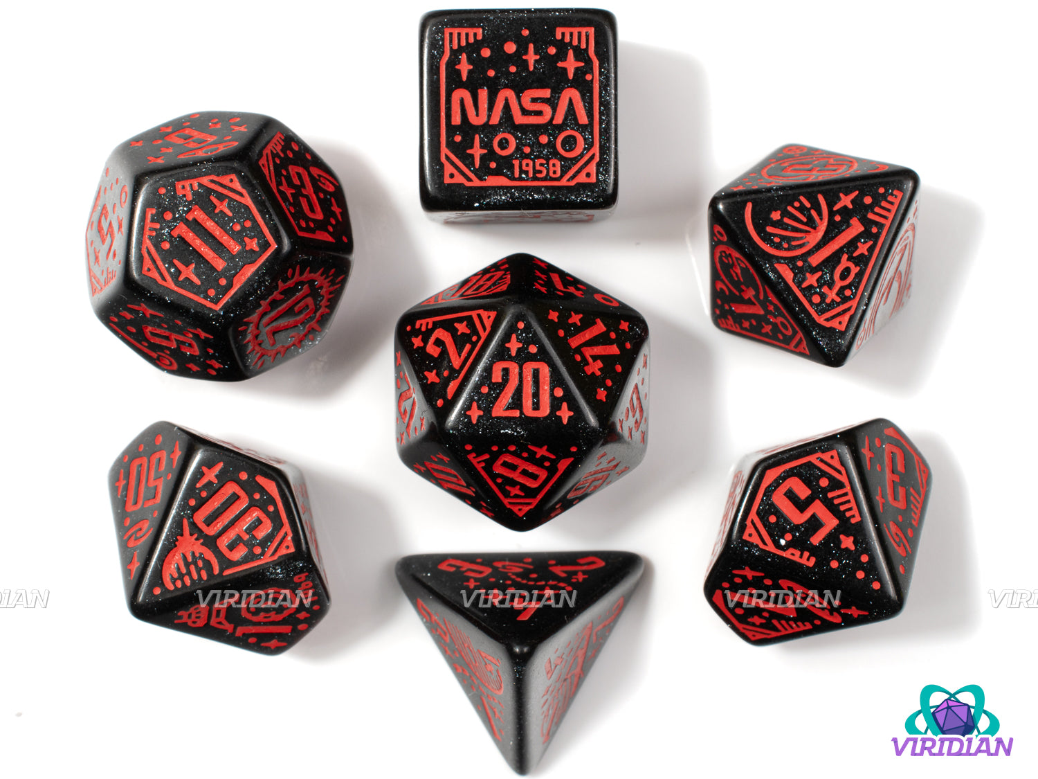 Space: Voyager | Glittery Black with Red Space, Planets and NASA Designs | Acrylic Dice Set (7)