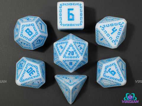 Sky Runes | Matte White, Light Blue, Ornate Runic Design, Greek | Resin Dice Set (7)