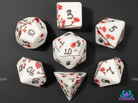 Plum Blossom | Porcelain-Like Dice, Decal Red Flower & Black Vine Design | Resin Dice Set (7)