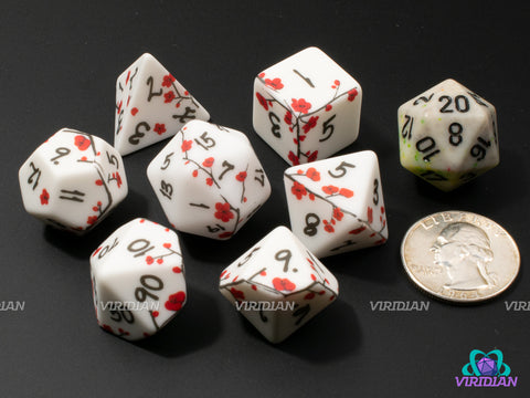 Plum Blossom | Porcelain-Like Dice, Decal Red Flower & Black Vine Design | Resin Dice Set (7)