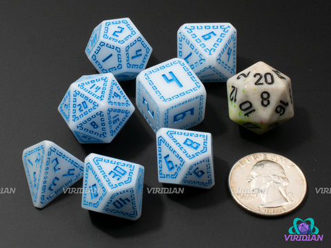 Sky Runes | Matte White, Light Blue, Ornate Runic Design, Greek | Resin Dice Set (7)