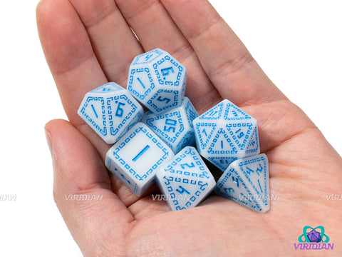 Sky Runes | Matte White, Light Blue, Ornate Runic Design, Greek | Resin Dice Set (7)