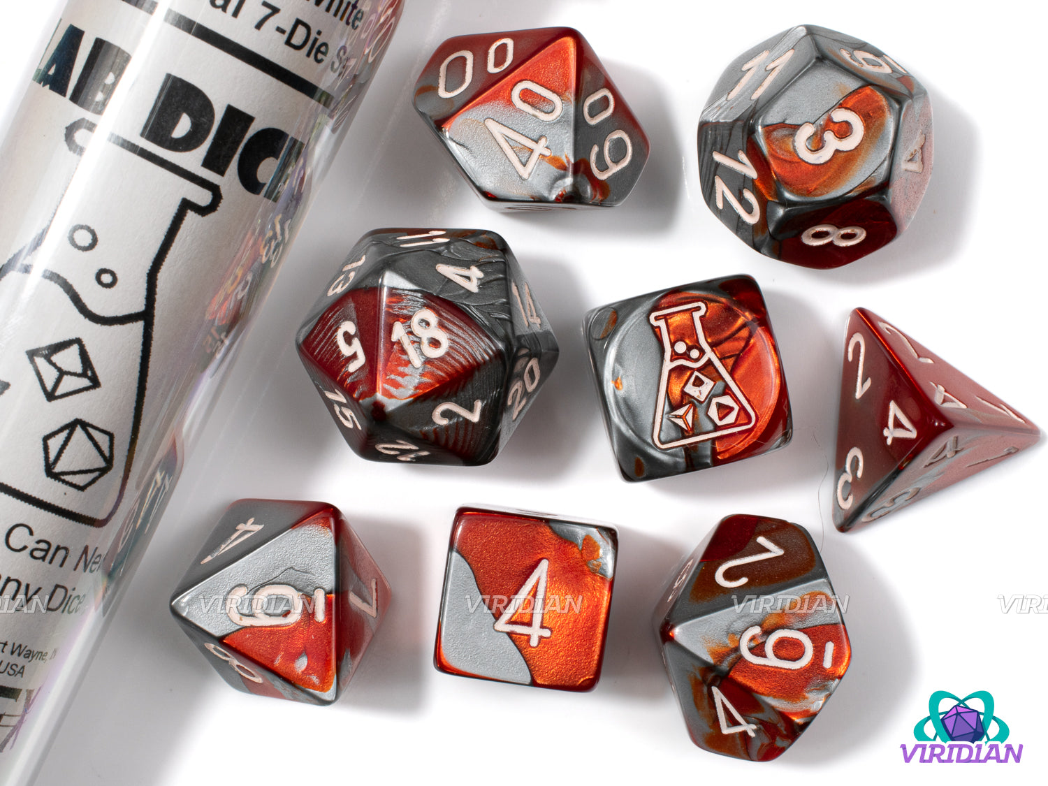 Gemini Red-Steel & White | Lab 8 (2024) | Chessex Dice Set (7+1