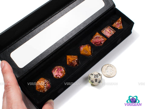 Mimic's Bite | Pink & Red, Transparent, Gold, Sharp-Edged, Mimic Teeth and Mouth | Resin Dice Set (7)