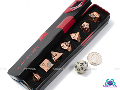 Copper Lotus | Brushed Red-Copper with Engraved Flower Design | Metal Dice Set (7)