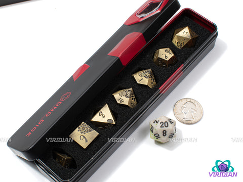 Bronze Lotus | Brushed Bronze/Yellow-Gold with Engraved Flower Design | Metal Dice Set (7)